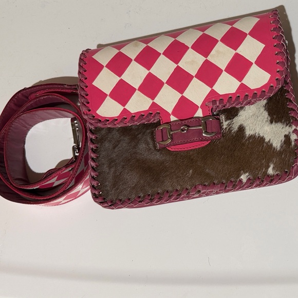 Handbags - Pink Check & Cowhide Crossbody Wallet